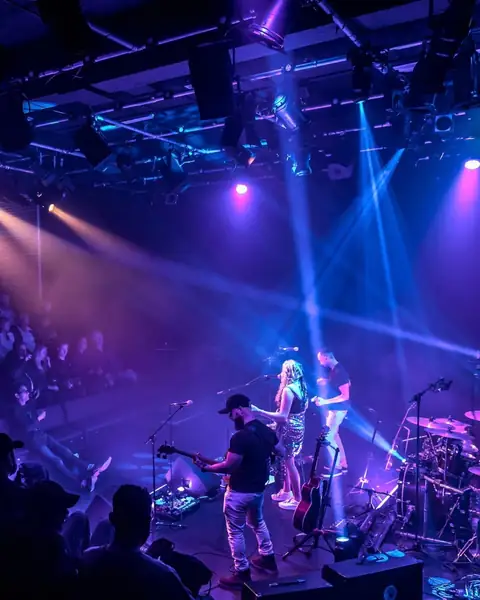 Wide shot of Maddison A and her band playing to a crowd